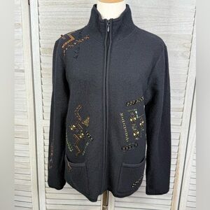 CHICO'S Wool Full Zip Cardigan Black Embellished-Small